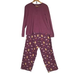 LL Bean Cozy PJ Set Women L Burgundy Christmas Dogs Henley Flannel Lounge Cozy